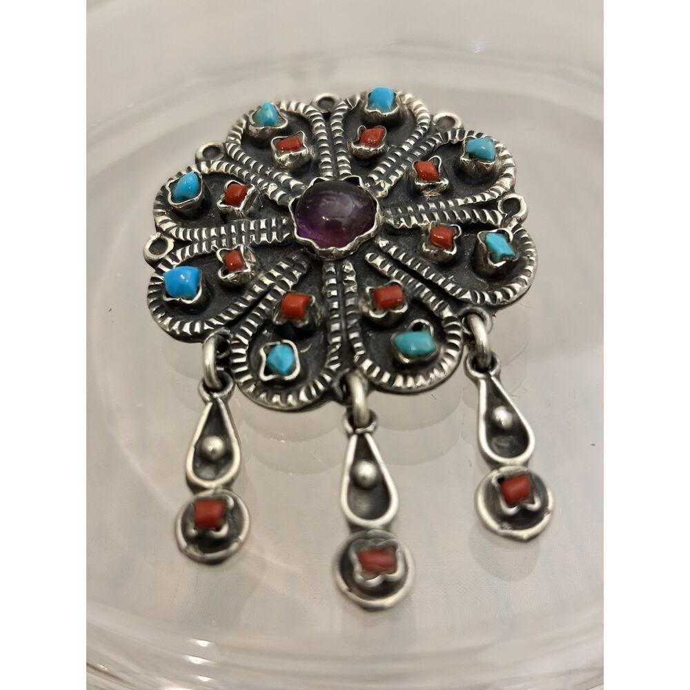 Vintage MATL Style Sterling Turquoise/Amethyst/Coral BROOCH/PENDANT Taxco